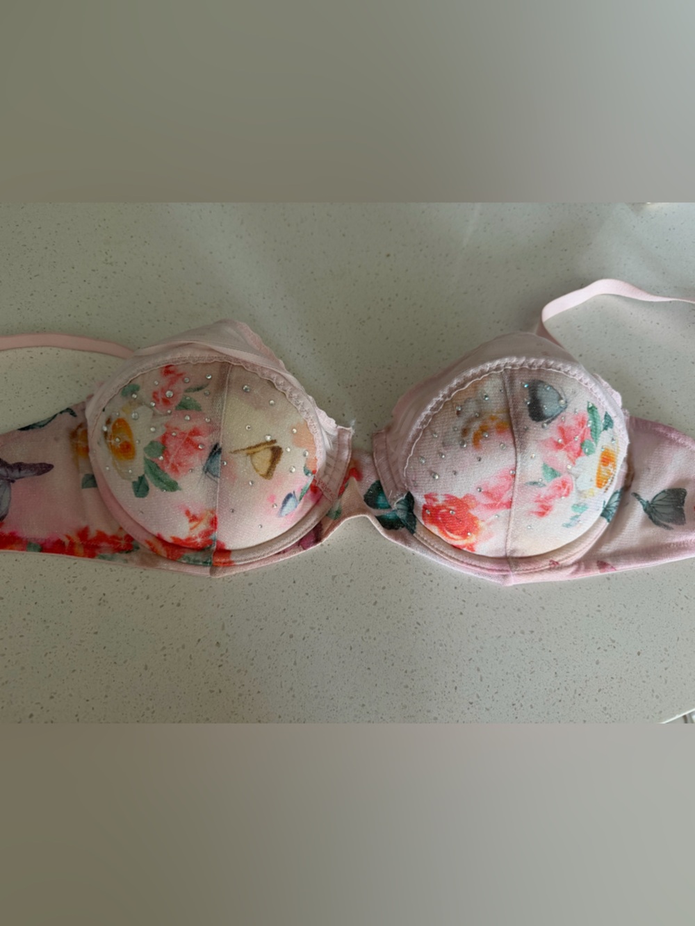 Savage X Fenty Pink Floral Padded Bra with Rhinestone Detail